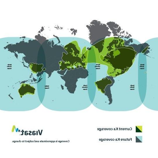 Flat map of the world demonstrating Viasat's current and future Ka coverage, coverage approximate and subject to change